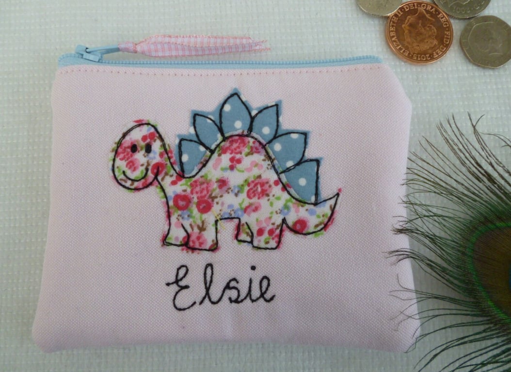 Personalised Pink Dinosaur Coin Pouch - Girls Purse Wallet Customisable Gift