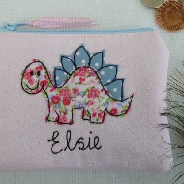 Personalised Pink Dinosaur Coin Pouch - Girls Purse Wallet Customisable Gift