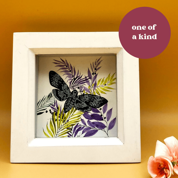 Hawk Moth & florals, tiny original mixed print & painting, framed & signed. 
