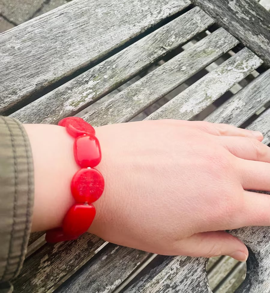 Red Glass Geometric Bracelet, Red Glass Circle and Rectangle Bracelet