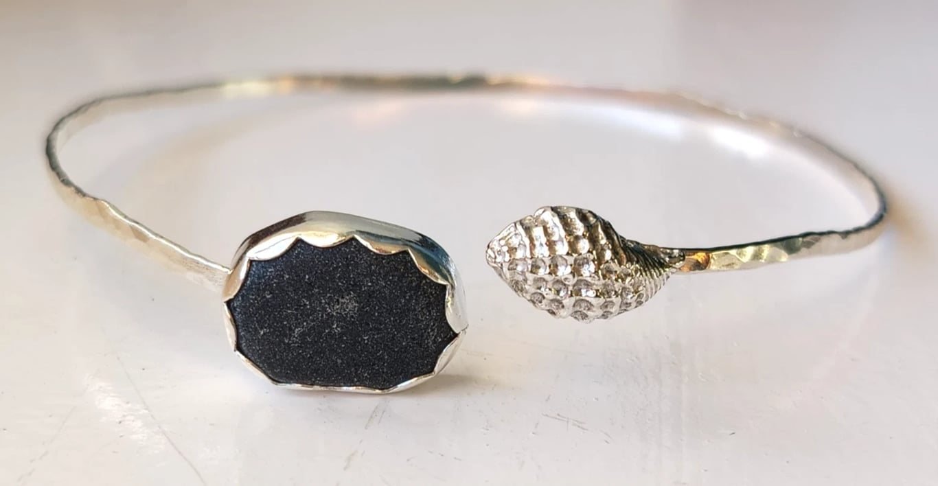 Black Seaglass & Seashell Adjustable Bangle Sterling Silver Handcast Jewellery