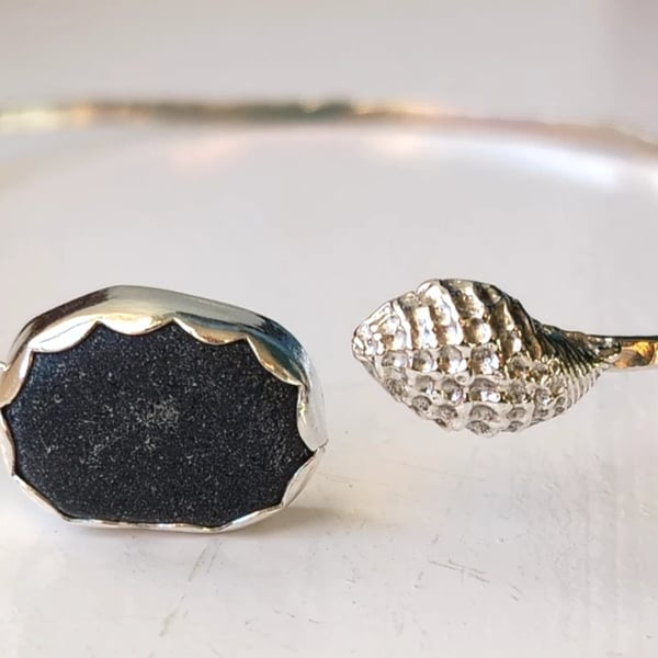 Black Seaglass & Seashell Adjustable Bangle Sterling Silver Handcast Jewellery
