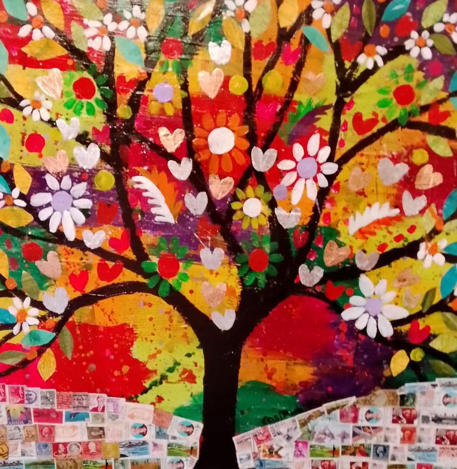Quirky Colourful Tree Mixed Media Painting 22" x 22"