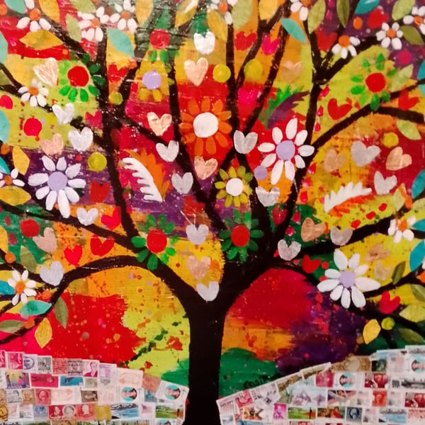 Quirky Colourful Tree Mixed Media Painting 22" x 22"