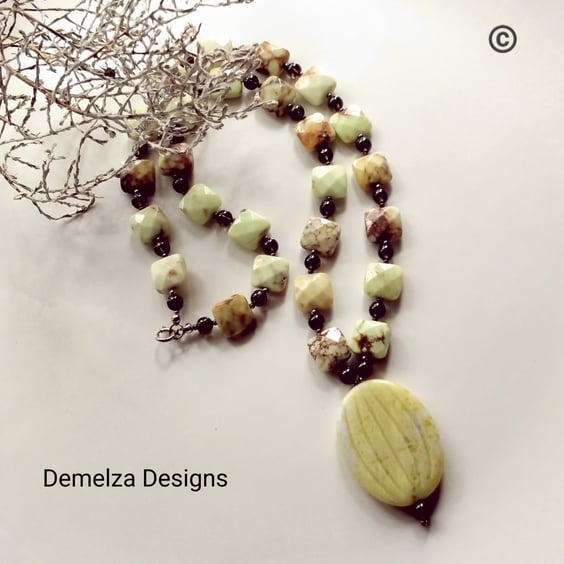 Designer Lime Jade, Jasper & Smokey Quartz Sterling Silver Necklace