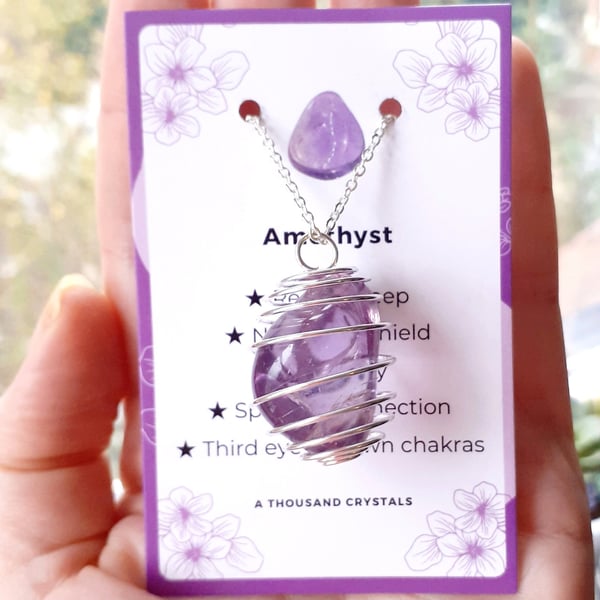 AMETHYST CRYSTAL NECKLACE, Spiral Cage, Handmade, Reiki Infused, Reiki Charged, 