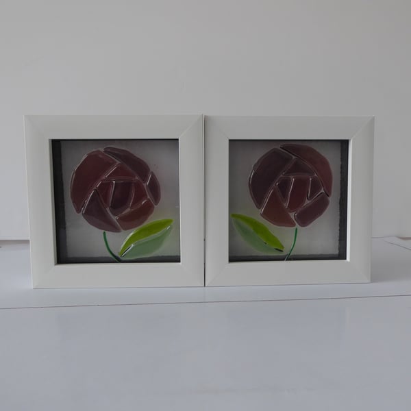 Pair of Fused Glass Framed Art Noveau Single Rose Pictures 