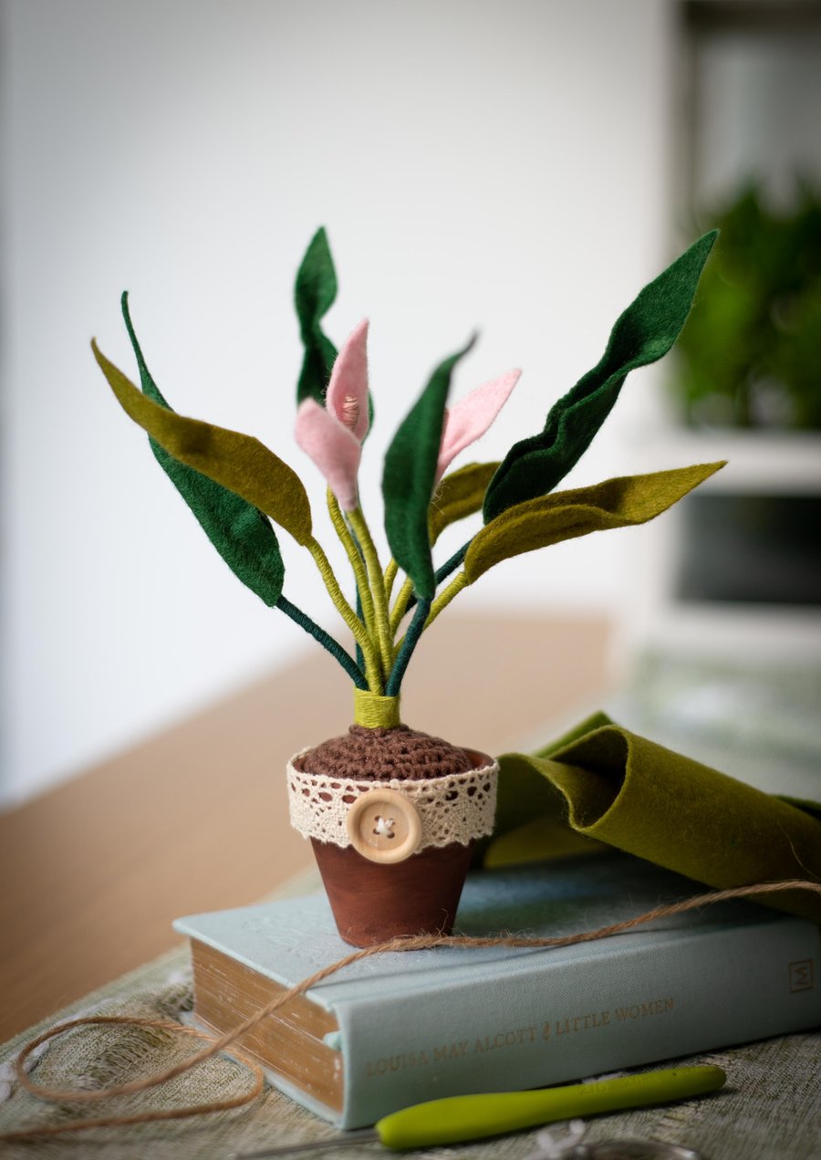 Pink Peace Lily in a small Terracotta Pot (faux felt plant)