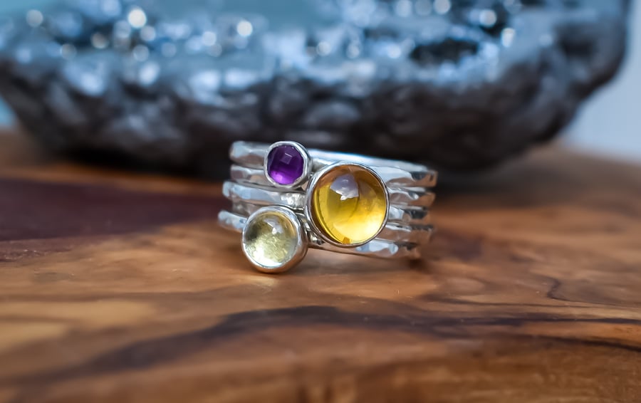 Stacking Ring Set, Argentium Silver, Citrine, Amethyst, Lemon Quartz