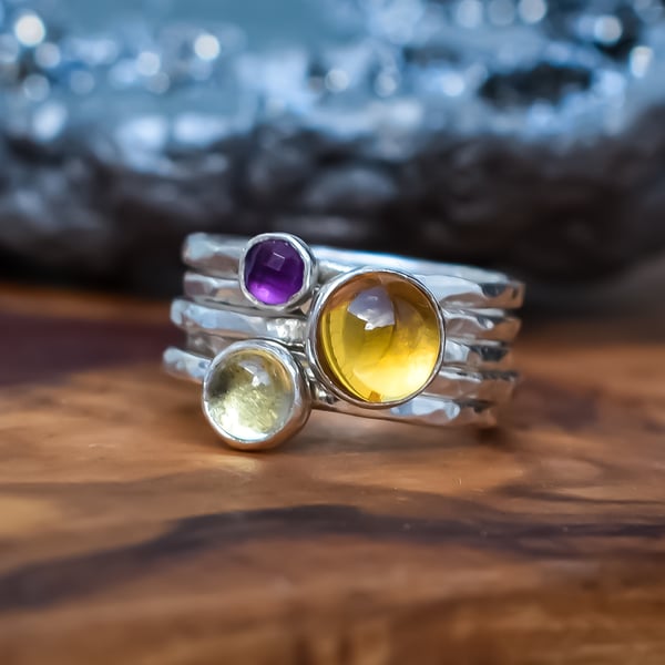 Stacking Ring Set, Argentium Silver, Citrine, Amethyst, Lemon Quartz