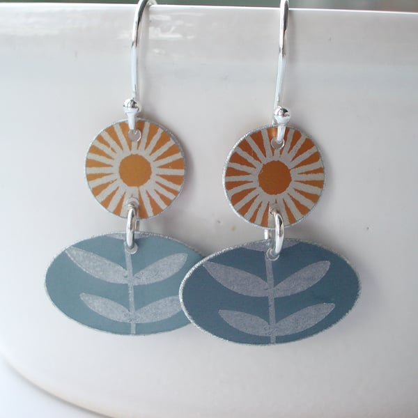 Flower and leaf earrings in rust orange and grey