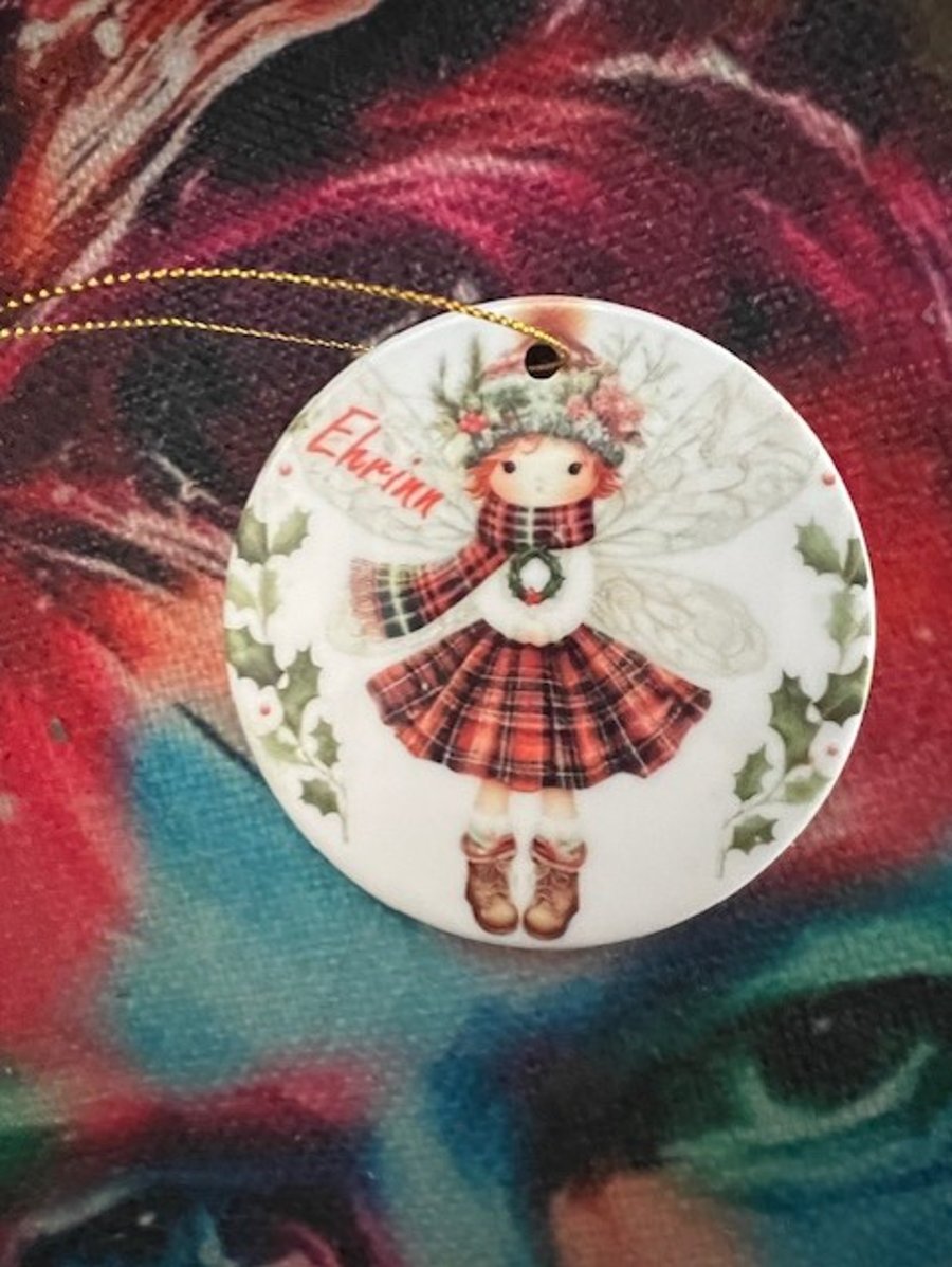 Personalised  ceramic Christmas tree bauble. Tartan angel with your name on it.