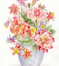 Pink Roses and aquilegia painting in blue pottery vase - Image 2