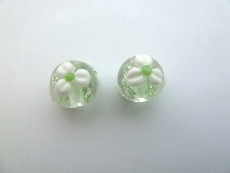 green flower lampwork glass bead pair