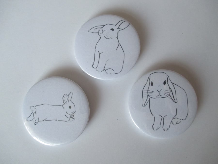 Badge x 3 Bunny Rabbit Line Drawing Pin Badge S... - Folksy