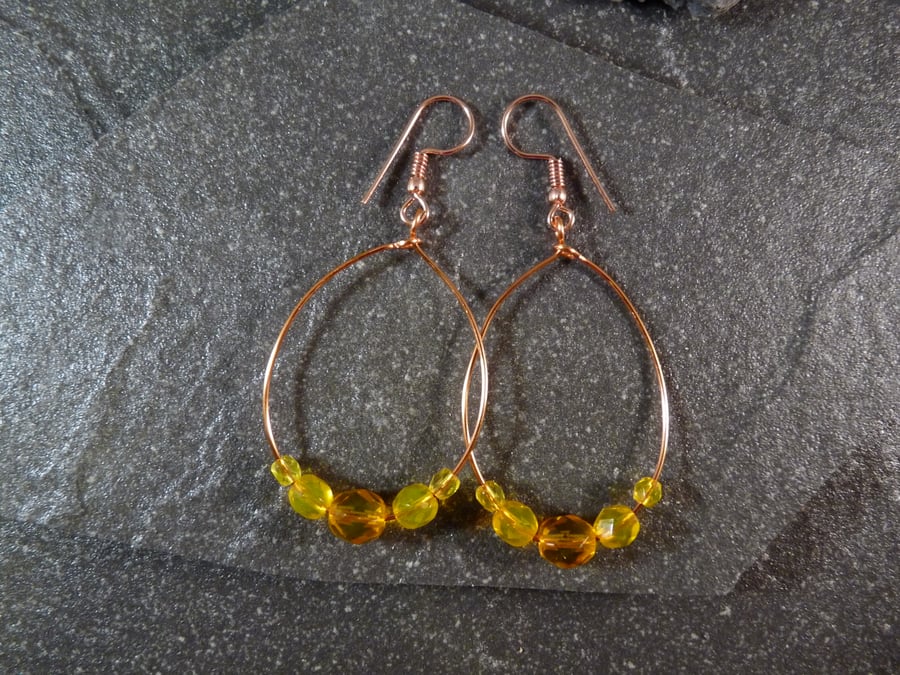 Large Hoop Earrings - Yellow Faceted Glass - 40mm - Copper 