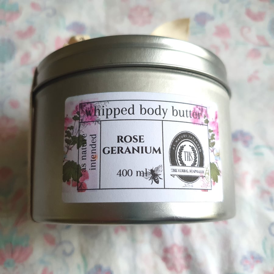 Rose Geranium whipped body butter, 400ml, natural, vegan