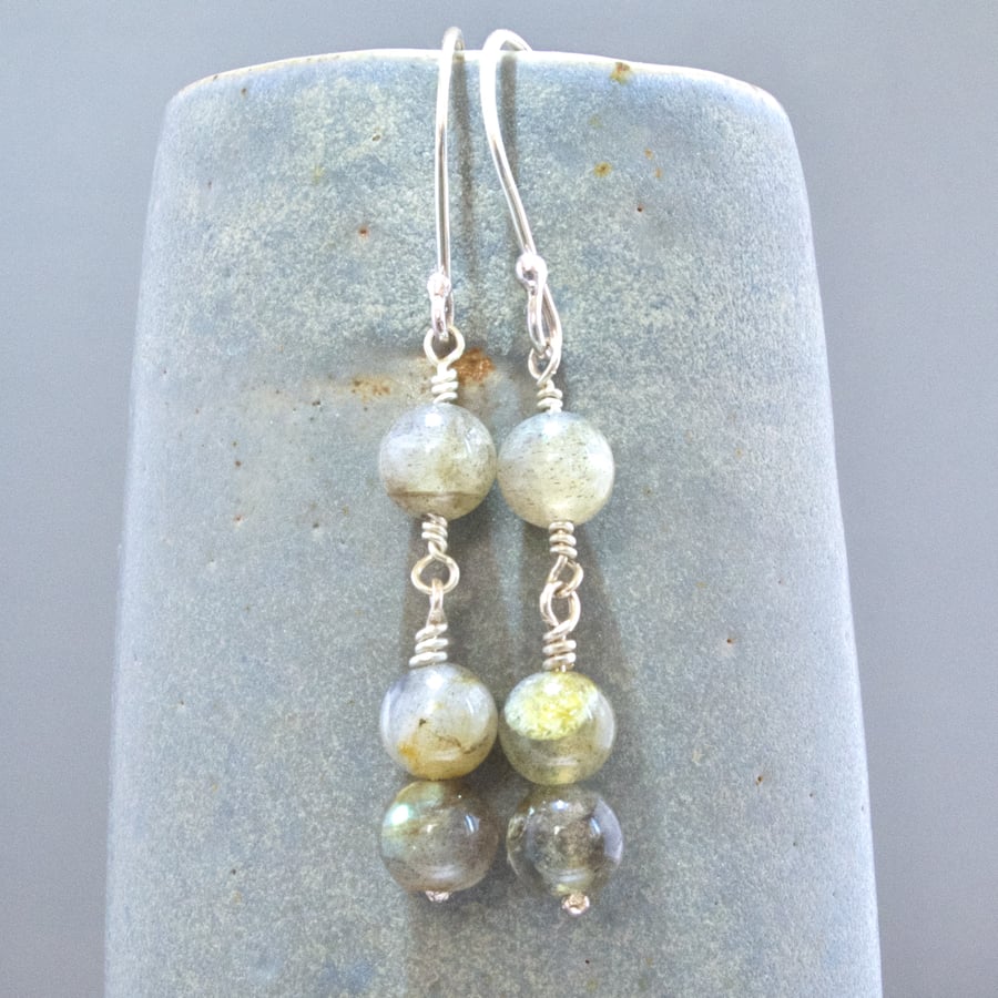 Iridescent Labradorite Gemstone Minimalist Dangle Drop Sterling Silver Earrings