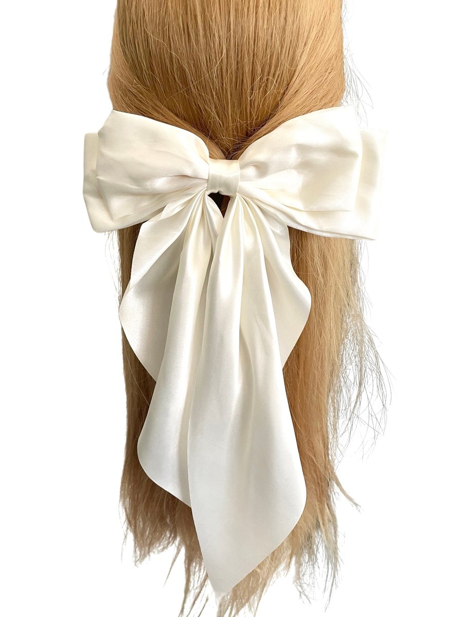 Champagne white satin bow hair barrette clip for women 