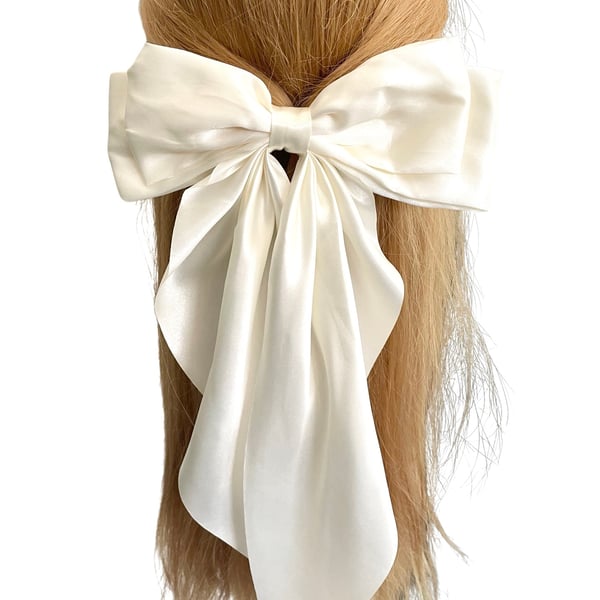 Champagne white satin bow hair barrette clip for women 