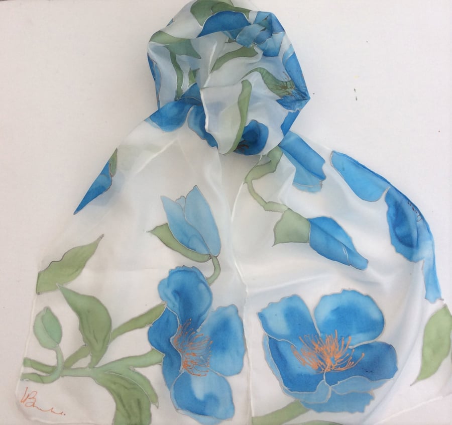 Himalayan Poppy hand painted silk scarf