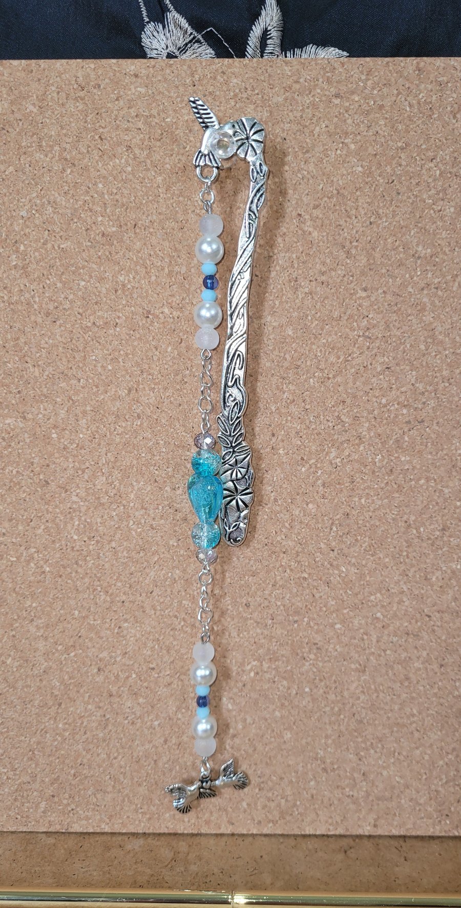 Beaded Metal Bookmark - Silver Doves