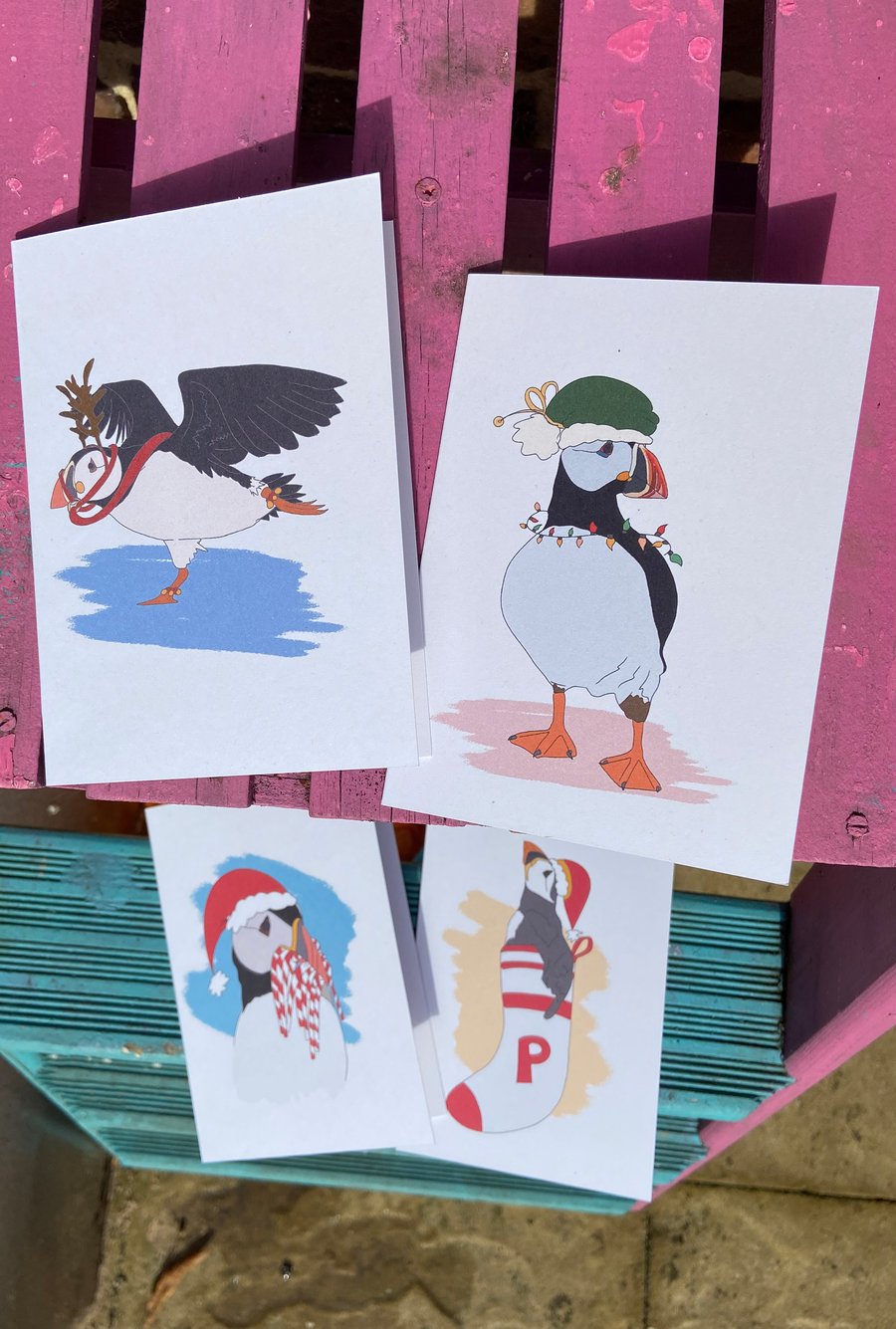 Pack of 4 Christmas Puffins - A6 Christmas Cards