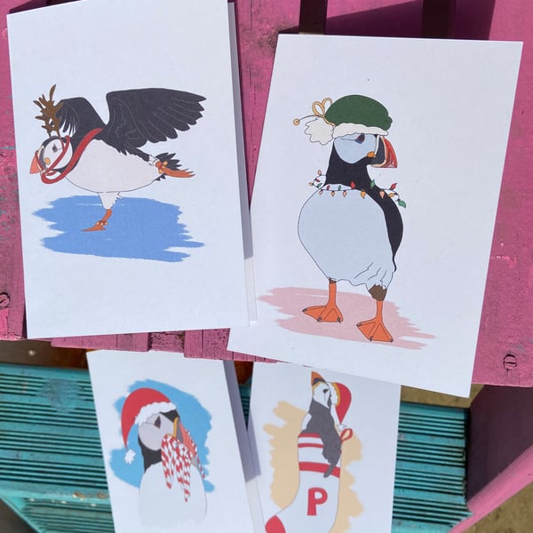 Pack of 4 Christmas Puffins - A6 Christmas Cards