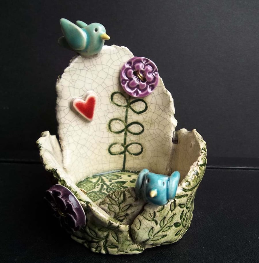 ceramic tea light holder with birds, heart and Folksy