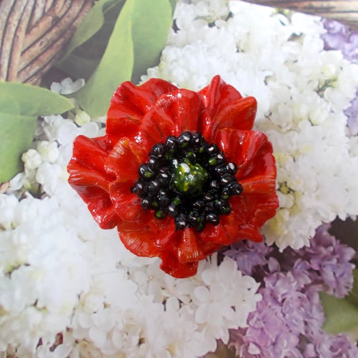 Large RED POPPY BROOCH Clay Remembrance Lapel Flower Pin HANDMADE HANDPAINTED