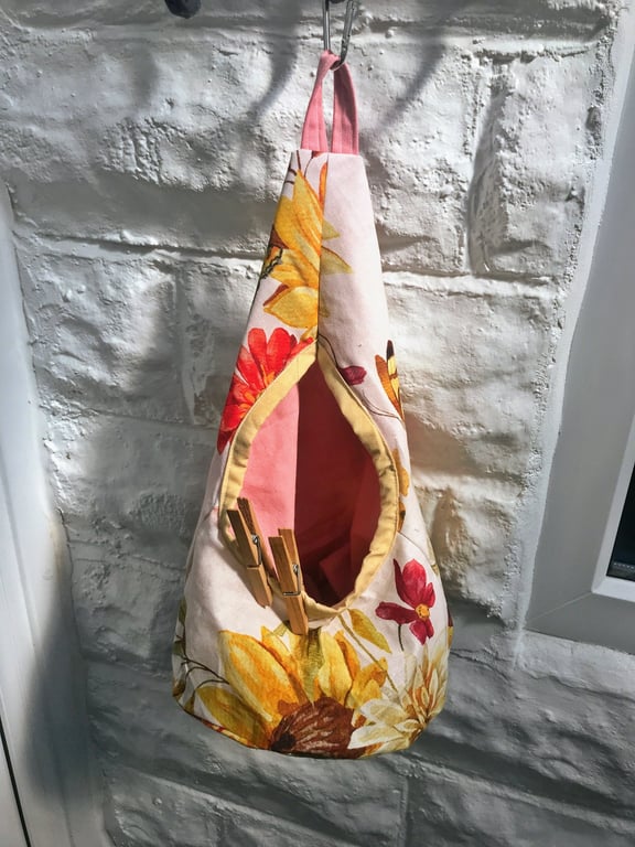 Flowers and Butterflies Cotton Peg Bag, Lined Yellow Storage Bag for Pegs,