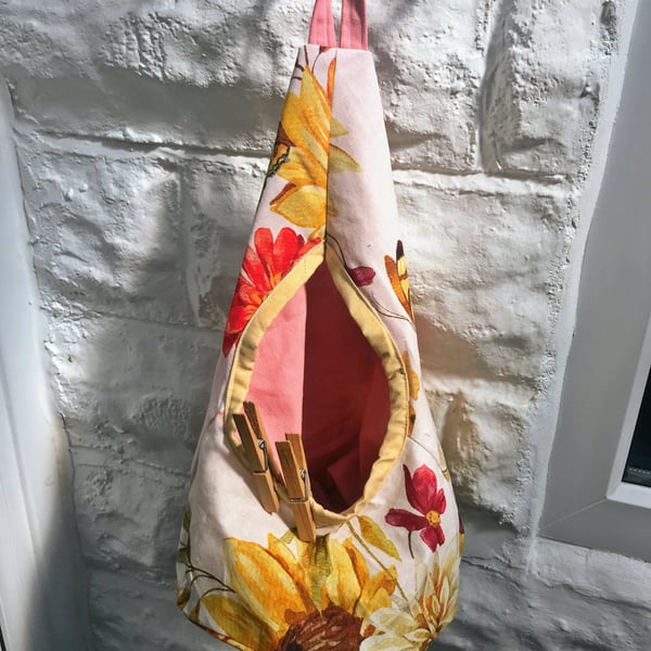 Flowers and Butterflies Cotton Peg Bag, Lined Yellow Storage Bag for Pegs,