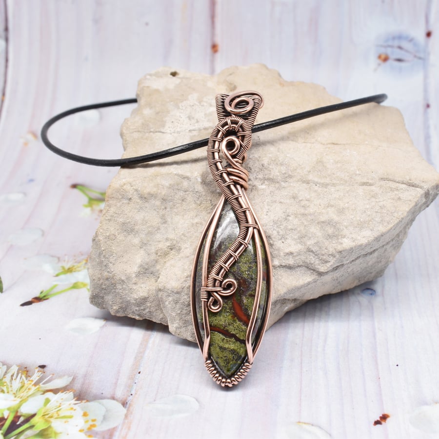 Wire Wrapped Dragons Blood Jasper and Copper Pendant