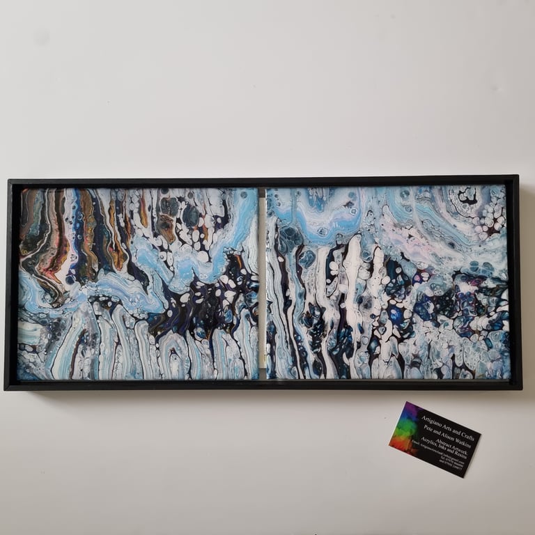 (4) Abstract Fluid Art mounted as a Blue and White Diptych in a Black Frame