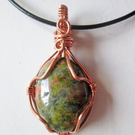  Copper wire wrapped green stone pendant