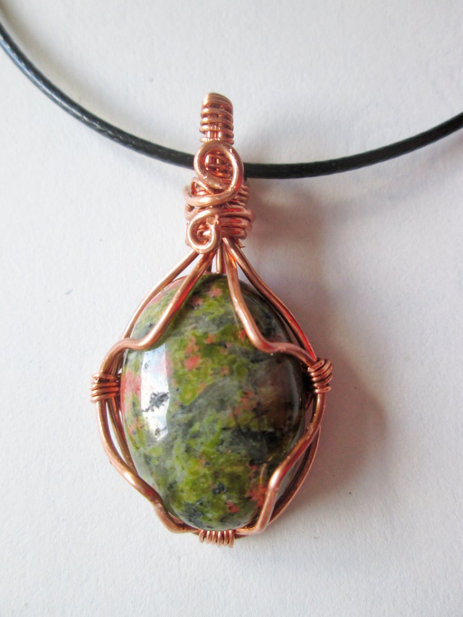  Copper wire wrapped green stone pendant