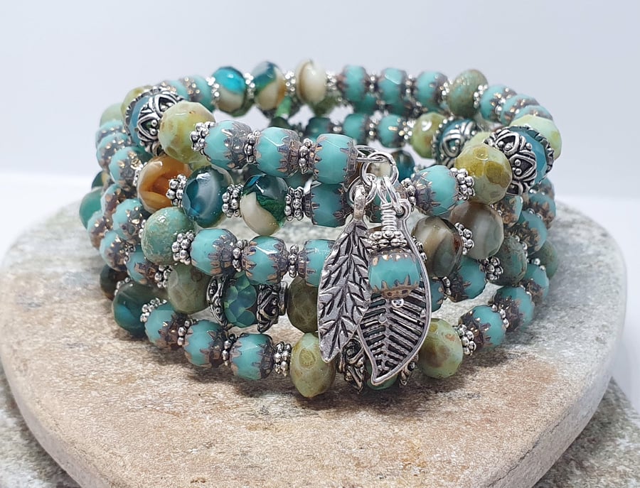 Chunky turquoise beaded Czech glass boho wrap bracelet