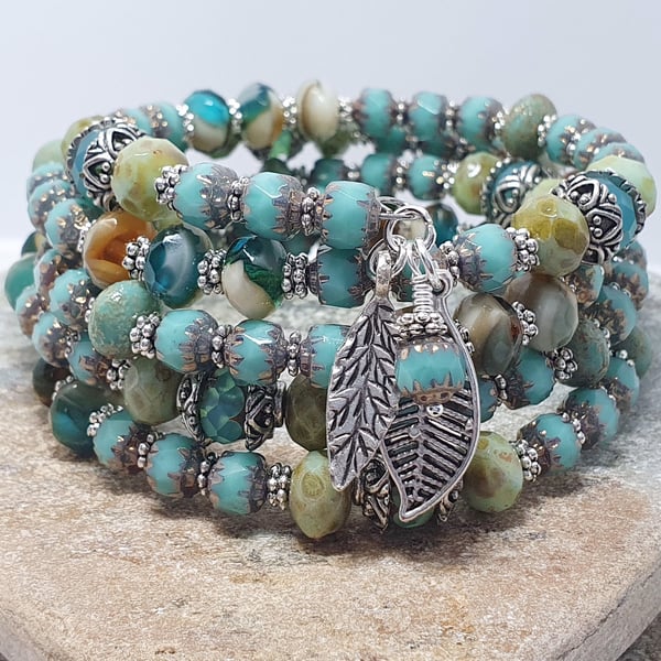 Chunky turquoise beaded Czech glass boho wrap bracelet