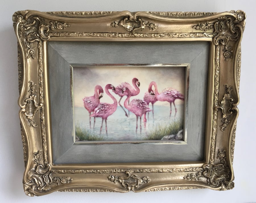 Flamingos. Framed Handpainted Bone China Plaque 