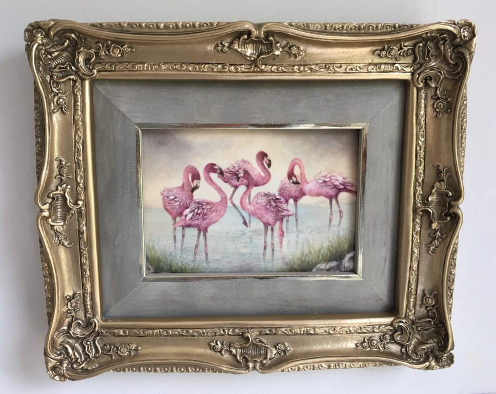 Flamingos. Framed Handpainted Bone China Plaque 