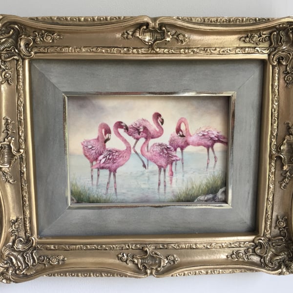 Flamingos. Framed Handpainted Bone China Plaque 