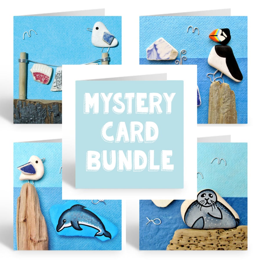 Beach Art Greetings Cards (Pack of 5) Seaside, Puffin, Seagull, Nautical, Whale