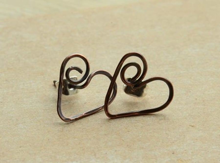 Handmade Copper Swirl Heart Earrings
