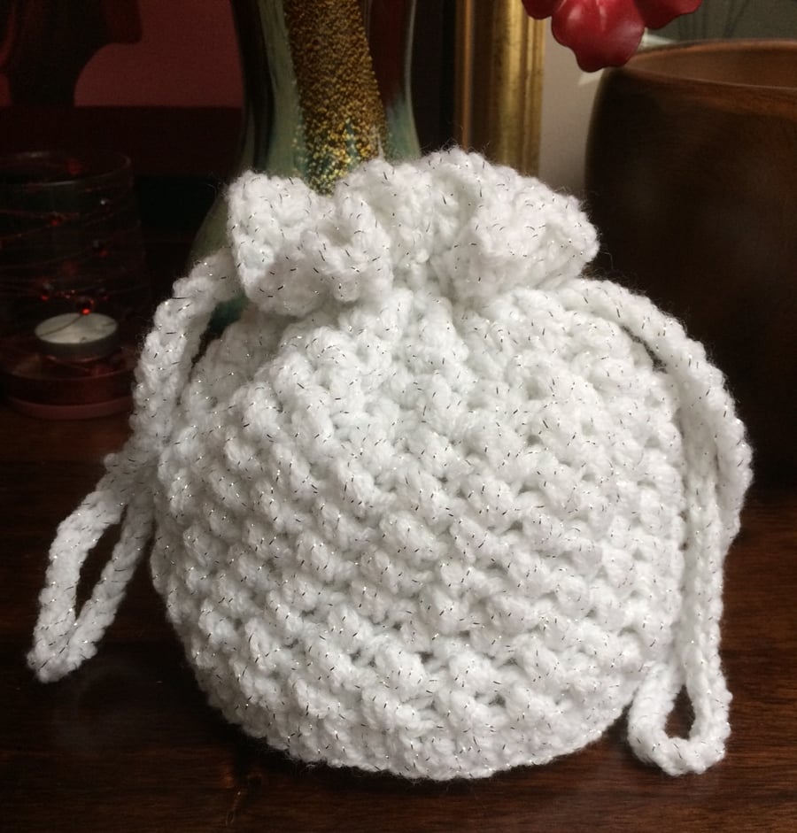 Hand Crochet White Silver Sparkly Drawstring Bag Pouch Purse Handbag Purse