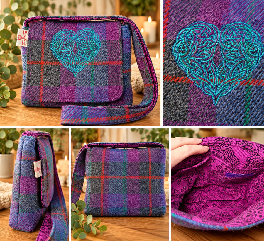 Harris tweed crossbody bag with celtic heart