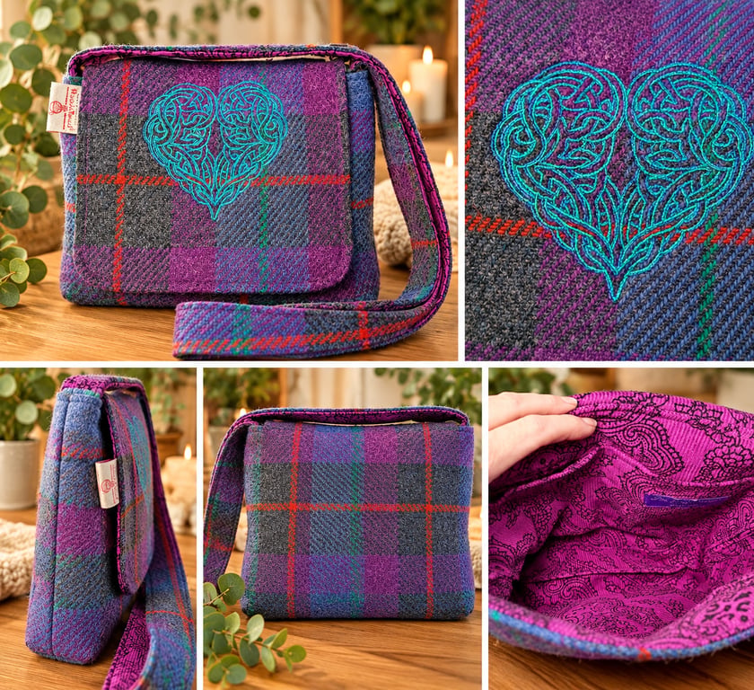 Harris tweed crossbody bag with celtic heart