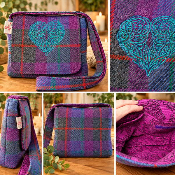 Harris tweed crossbody bag with celtic heart
