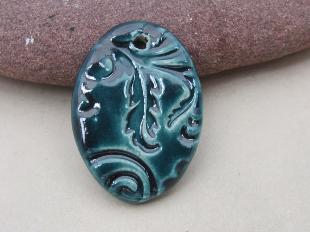 Large Petrol Blue Brocade Ceramic Pendant