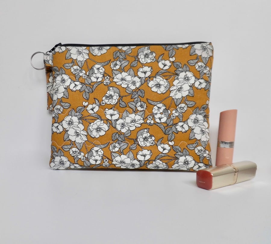 Make up bag in modern floral mustard yellow fabric large size 