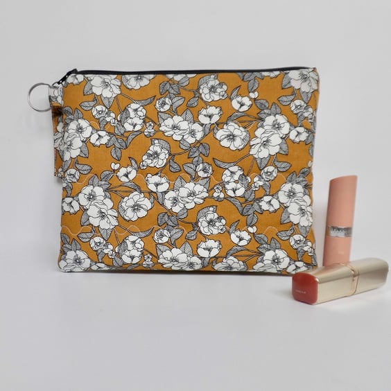 Make up bag in modern floral mustard yellow fabric large size 